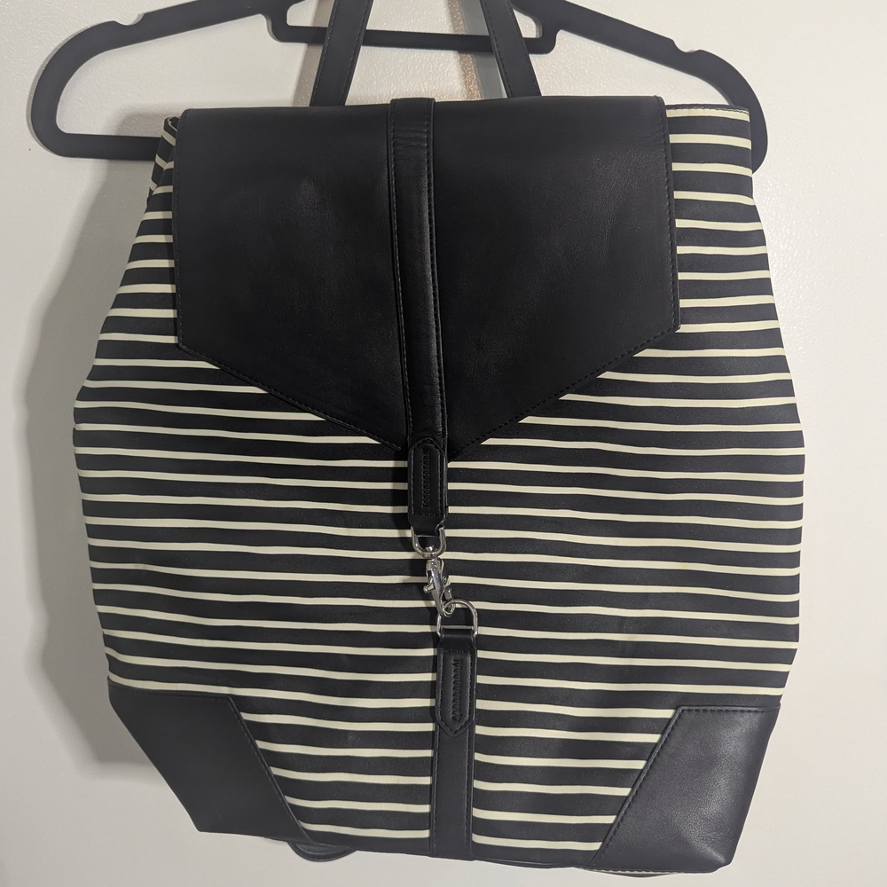 🧡 Stella & Dot Ava Backpack | Black & Cream Striped with silver hardware